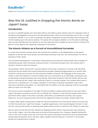 Was the US Justified in Dropping the Atomic Bomb on Japan? Essay