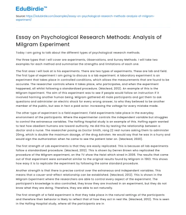 Psychological Research Methods: Analysis of Milgram Experiment