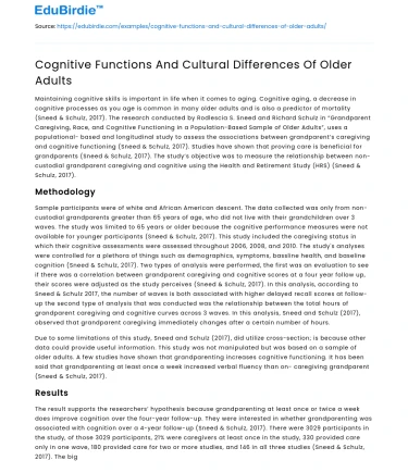 Cognitive Functions And Cultural Differences Of Older Adults