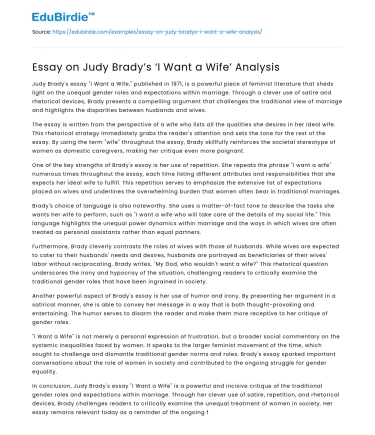 Essay on Judy Brady’s ‘I Want a Wife’ Analysis