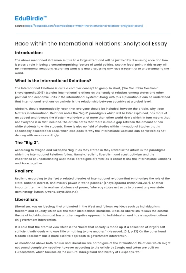 Race within the International Relations: Analytical Essay