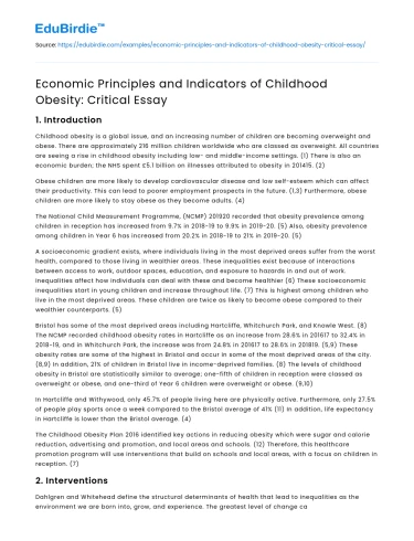 Economic Principles and Indicators of Childhood Obesity