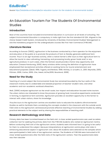 An Education Tourism For The Students Of Environmental Studies