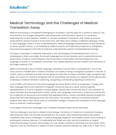 Medical Terminology and the Challenges of Medical Translation: Essay
