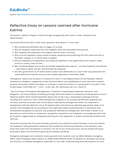Hurricane Katrina: Lessons and Implications