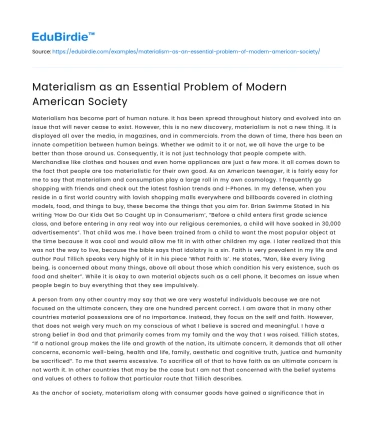 Materialism as an Essential Problem of Modern American Society