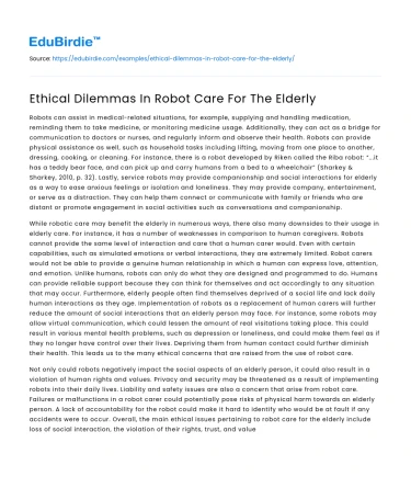 Ethical Dilemmas In Robot Care For The Elderly