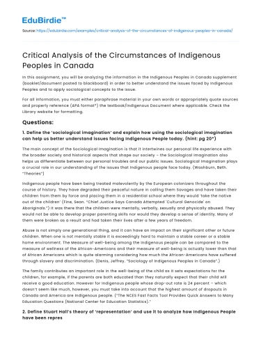 Critical Analysis of the Circumstances of Indigenous Peoples in Canada