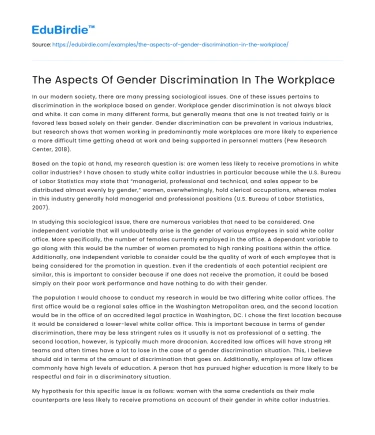 The Aspects Of Gender Discrimination In The Workplace