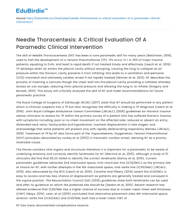 Paramedic Needle Thoracentesis: Critical Evaluation