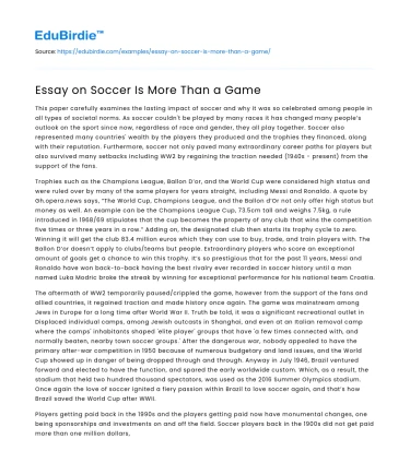 Essay on Soccer Is More Than a Game