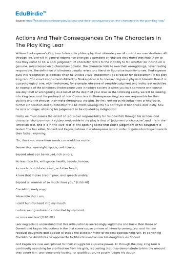 Actions And Their Consequences On The Characters In The Play King Lear