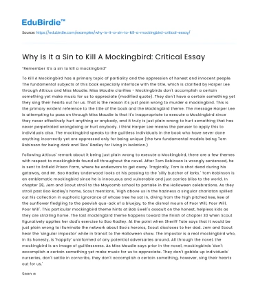 Why Is It a Sin to Kill A Mockingbird: Critical Essay