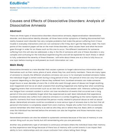 Causes and Effects of Dissociative Amnesia: An Analysis