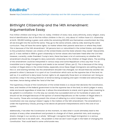 Birthright Citizenship and the 14th Amendment: Argumentative Essay