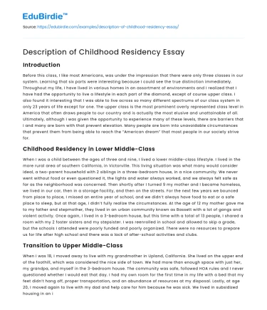 Description of Childhood Residency Essay