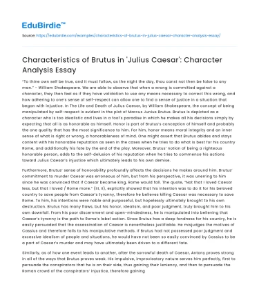 Characteristics of Brutus in ‘Julius Caesar’: Character Analysis Essay