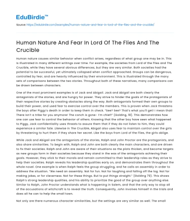 Human Nature And Fear In Lord Of The Flies And The Crucible