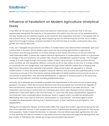 Influence of Feudalism on Modern Agriculture: Analytical Essay