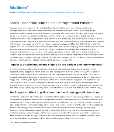 Socio-Economic Challenges Faced by Schizophrenia Patients