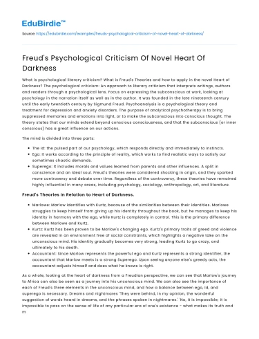 Freud’s Psychological Criticism Of Novel Heart Of Darkness