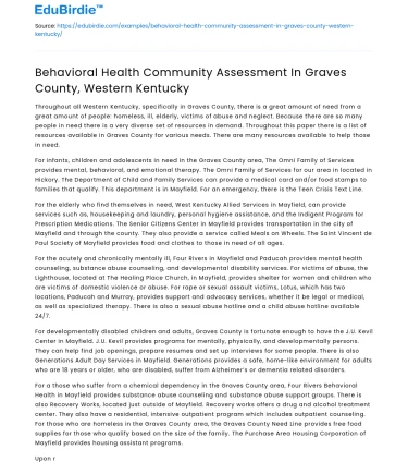 Behavioral Health Community Assessment In Graves County, Western Kentucky
