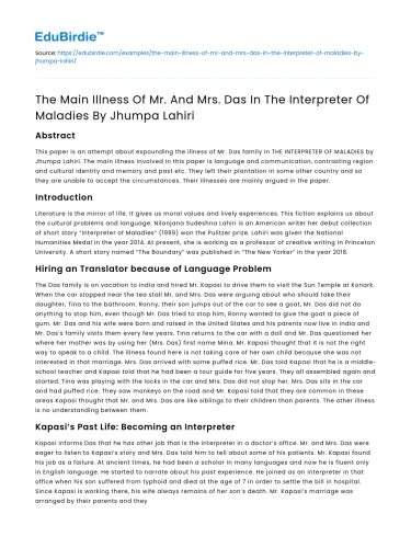 Illness of Mr & Mrs Das in Interpreter of Maladies by Jhumpa Lahiri