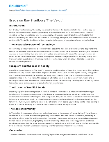 Essay on Ray Bradbury ‘The Veldt’