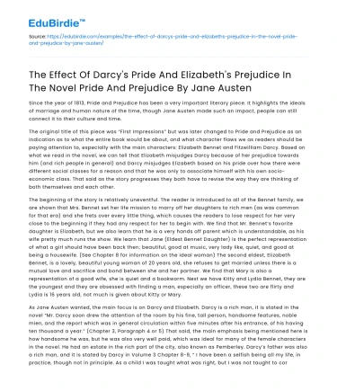 Darcy’s Pride and Elizabeth’s Prejudice in Pride and Prejudice