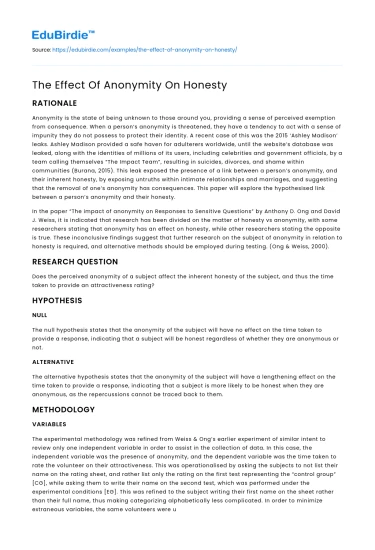 The Effect Of Anonymity On Honesty