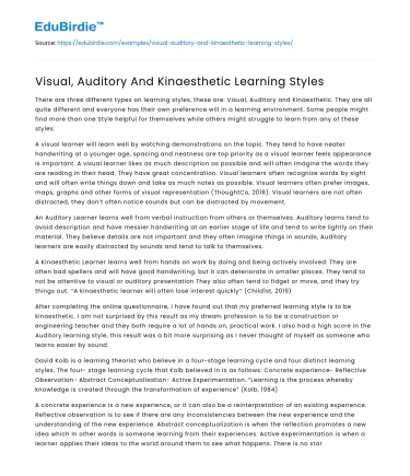 Visual, Auditory And Kinaesthetic Learning Styles