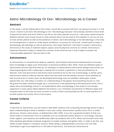 Astro-Microbiology Or Exo- Microbiology as a Career