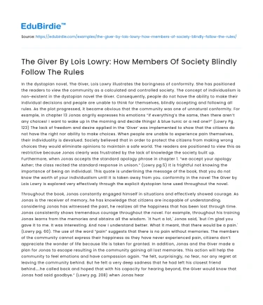 The Giver By Lois Lowry: How Members Of Society Blindly Follow The Rules