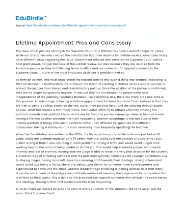 Lifetime Appointment: Pros and Cons Essay