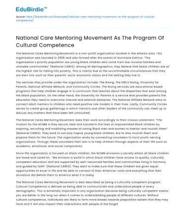 National Care Mentoring Movement As The Program Of Cultural Competence