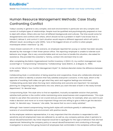 Human Resource Management Methods: Case Study Confronting Conflict