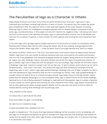 The Peculiarities of Iago as a Character in Othello