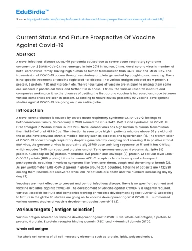 Current Status And Future Prospective Of Vaccine Against Covid-19