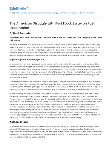 The American Struggle with Fast Food: Essay on Fast Food Nation