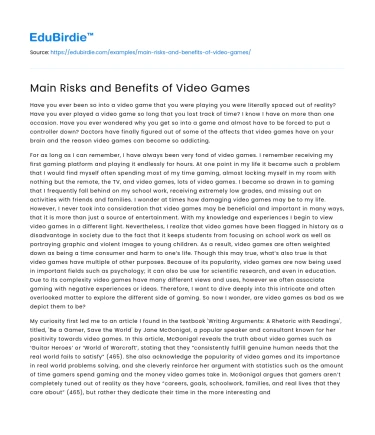 Main Risks and Benefits of Video Games