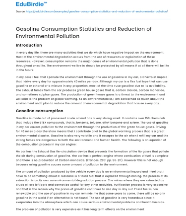 Gasoline Consumption Statistics and Reduction of Environmental Pollution