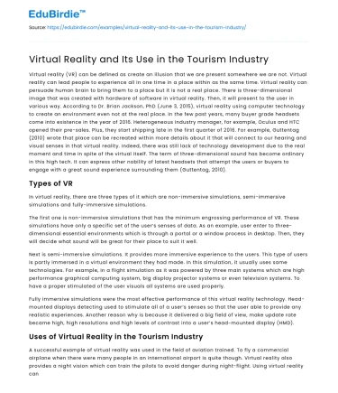 Virtual Reality and Its Use in the Tourism Industry