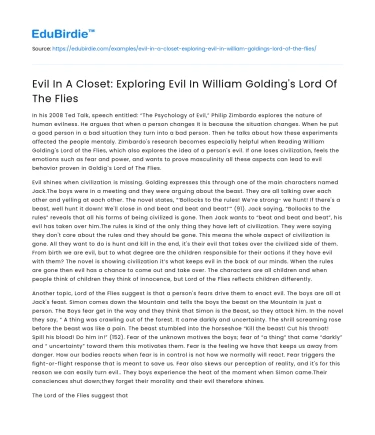 Evil In A Closet: Exploring Evil In William Golding’s Lord Of The Flies
