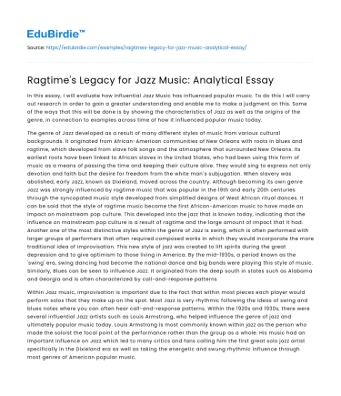 Ragtime’s Legacy for Jazz Music: Analytical Essay