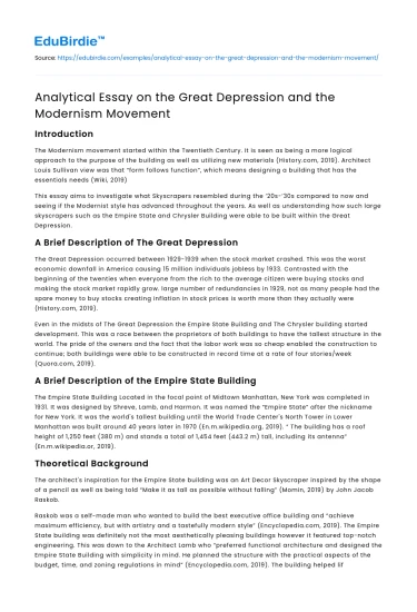 Analytical Essay on the Great Depression and the Modernism Movement