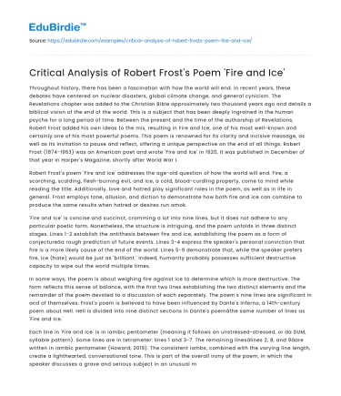 Critical Analysis of Robert Frost’s Poem ‘Fire and Ice’