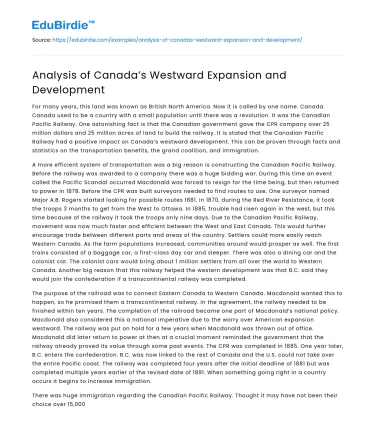 Analysis of Canada’s Westward Expansion and Development
