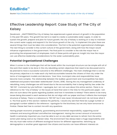 Effective Leadership Report: Case Study of The City of Kelsey