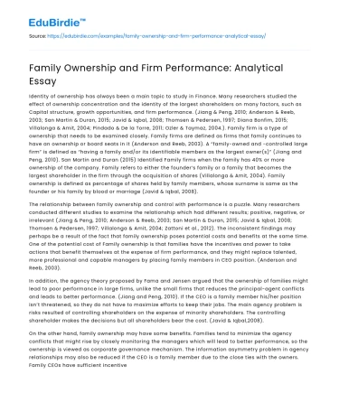Family Ownership and Firm Performance: Analytical Essay