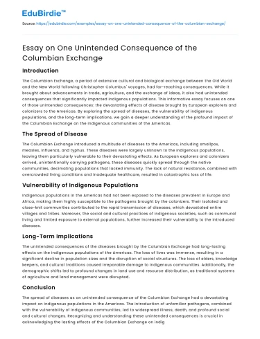Essay on One Unintended Consequence of the Columbian Exchange